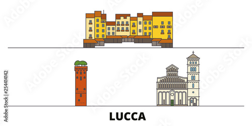 Italy, Lucca flat landmarks vector illustration. Italy, Lucca line city with famous travel sights, design skyline. 