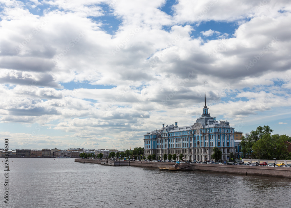 Panoramic view of the Neva River, Nakhimov Naval Academy. St. Petersburg. Russia.