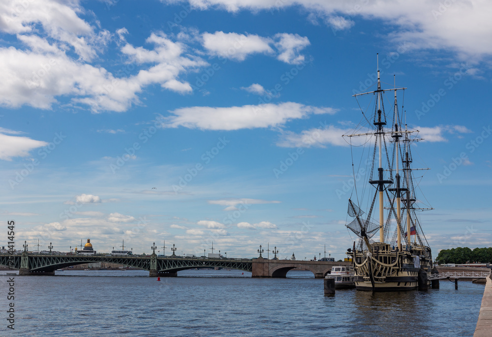 Frigate Grace moored on Petrovskaya Embankment. St. Petersburg. Russia.