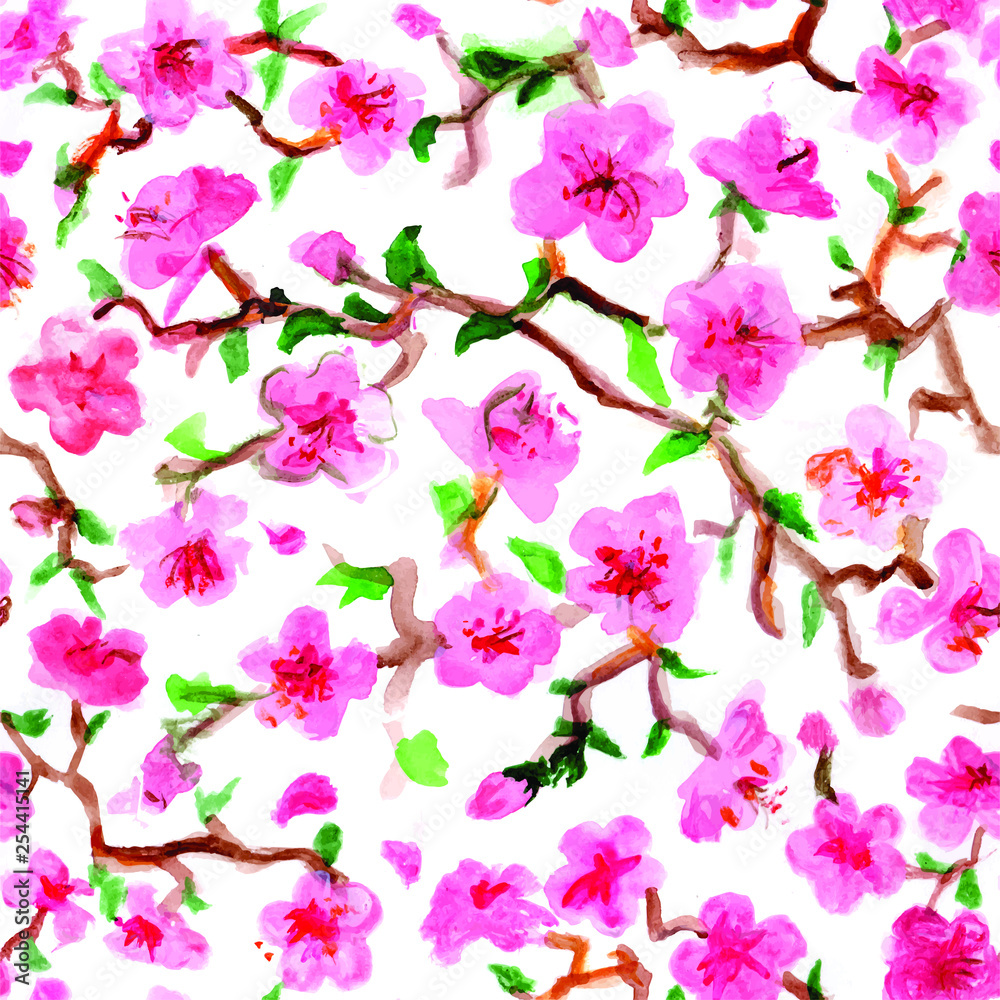 Sakura branches - seamless pattern, watercolor. On a white background are flowers of pink shades, green leaves and brown tree bark. Design of furniture and premises, clothing items - spring scarves an