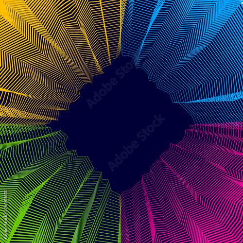 Abstract linear textured vector art background for design, psycho hypnotic futuristic 3d space inside the box or room. Fantastic psychedelic trendy modern op art, optical dimensional illusion.