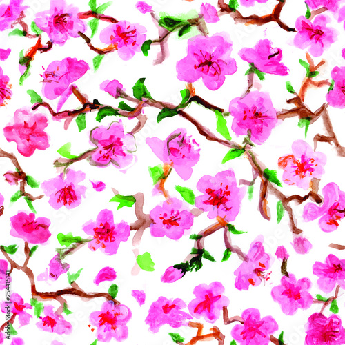 Sakura branches - seamless pattern  watercolor. On a white background are flowers of pink shades  green leaves and brown tree bark. Design of furniture and premises  clothing items - spring scarves an