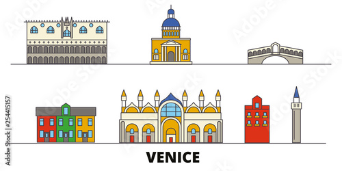 Italy, Venice flat landmarks vector illustration. Italy, Venice line city with famous travel sights, design skyline. 