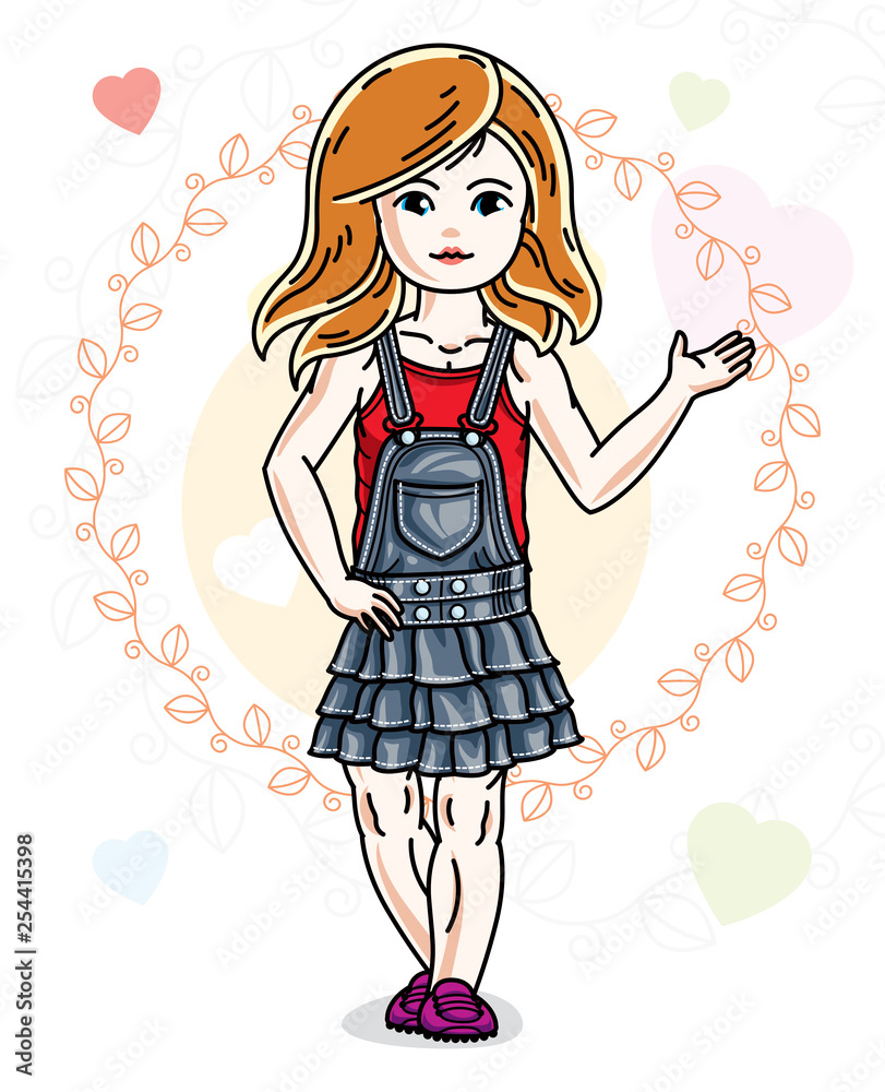 Beautiful little red-haired girl posing on colorful backdrop with romantic hearts. Vector kid illustration. Beautiful little red-haired girl posing on colorful backdrop with romantic hearts. Vector kid illustration.