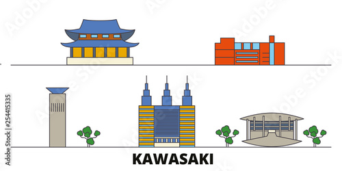 Japan, Kawasaki flat landmarks vector illustration. Japan, Kawasaki line city with famous travel sights, design skyline. 
