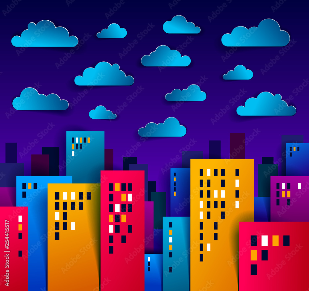 Obraz premium Cityscape in the night with clouds in the sky cartoon vector illustration in paper cut kids application style, high city buildings real property houses midnight time.