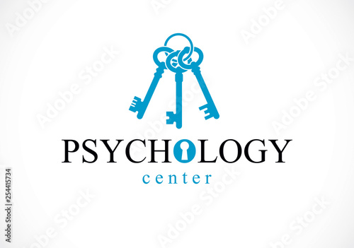 Mental health and psychology conceptual logo or icon, psychoanalysis and psychotherapy as a key to human mind concept. Vector simple classic design.