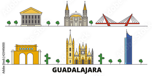 Mexico, Guadalajara flat landmarks vector illustration. Mexico, Guadalajara line city with famous travel sights, design skyline. 