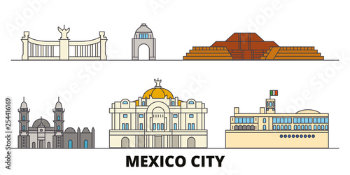 Mexico, Mexico flat landmarks vector illustration. Mexico, Mexico line city with famous travel sights, design skyline. 