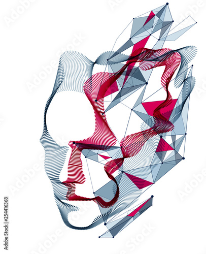 Technological time Spirit vector visualization in shape of human head made of dotted particles array flow in curve shapes, vector futuristic illustration.