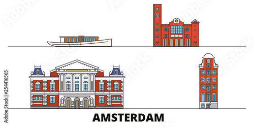 Netherlands, Amsterdam flat landmarks vector illustration. Netherlands, Amsterdam line city with famous travel sights, design skyline. 