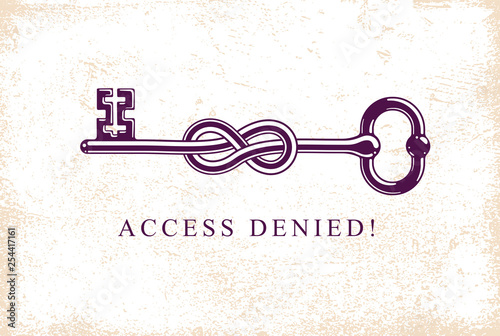 Access Denied, Knotted key allegorical symbol, vintage antique turnkey in a knot, blocked account, personal data protection, hacker and fraud attack, vector logo.