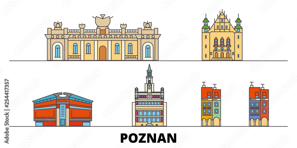 Poland, Poznan flat landmarks vector illustration. Poland, Poznan line city with famous travel sights, design skyline.
