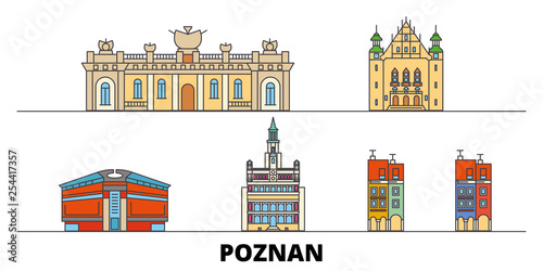 Obraz na płótnie Poland, Poznan flat landmarks vector illustration. Poland, Poznan line city with famous travel sights, design skyline. w salonie