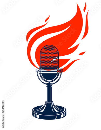 Vintage microphone on fire, hot mic in flames, studio recording music, on the air typing, vector logo or illustration, live radio translation, standup comedy, t-shirt print.