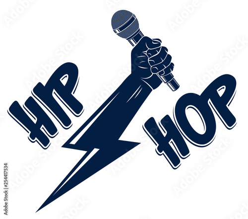 Rap music vector logo or emblem with microphone in hand in a shape of lightning bolt, Hip Hop rhymes festival concert or night club party label, t-shirt print.