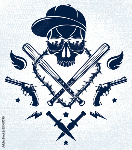 Gang brutal criminal emblem or logo with aggressive skull baseball bats and other weapons and design elements, vector anarchy crime terror retro style, ghetto revolutionary.