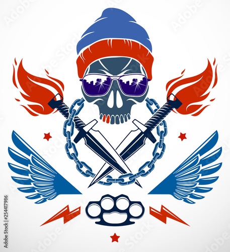 Revolution and Riot wicked emblem or logo with aggressive skull, weapons and different design elements , vector tattoo, anarchy and chaos, rebel partisan and revolutionary.
