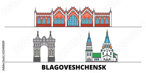 Russia, Blagoveshchensk flat landmarks vector illustration. Russia, Blagoveshchensk line city with famous travel sights, design skyline.  photo