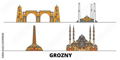 Russia, Grozny flat landmarks vector illustration. Russia, Grozny line city with famous travel sights, design skyline. 
