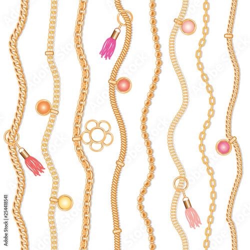 Seamless pattern with jewelry elements, pendants and tassels. Chains can be used separately as brushes for design. Girly. Vector