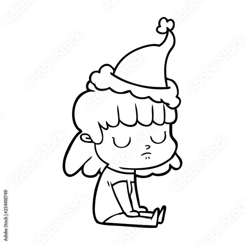 line drawing of a indifferent woman wearing santa hat
