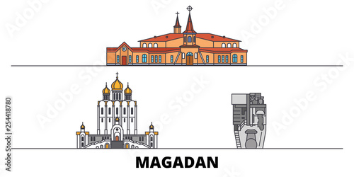 Russia, Magadan flat landmarks vector illustration. Russia, Magadan line city with famous travel sights, design skyline. 