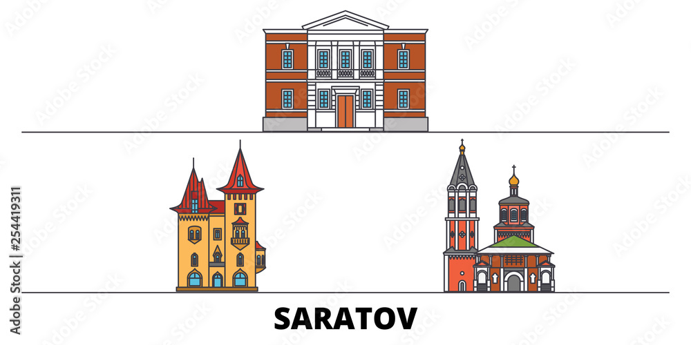 Obraz Russia, Saratov flat landmarks vector illustration. Russia, Saratov line city with famous travel sights, design skyline.