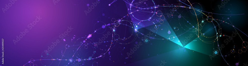 Abstract molecule structure with color,line,geometric pattern,polygon shape. Vector illustration design futuristic gradient color background. Modern digital science technology concept for banner - obrazy, fototapety, plakaty 