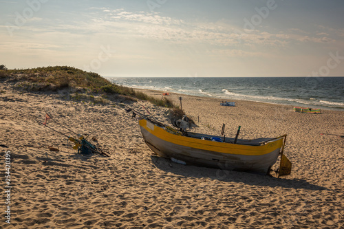 Fishing boat on the beach in Krynica Morska, Pomorskie, Poland