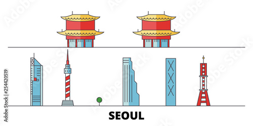 South Korea, Seoul flat landmarks vector illustration. South Korea, Seoul line city with famous travel sights, design skyline. 