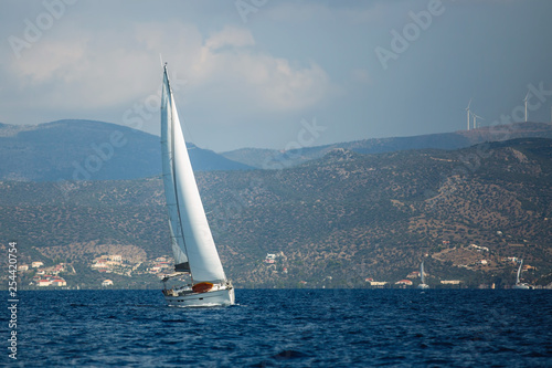 Greece sailing yacht boat at the Aegean Sea. Luxury cruise yachting. © De Visu
