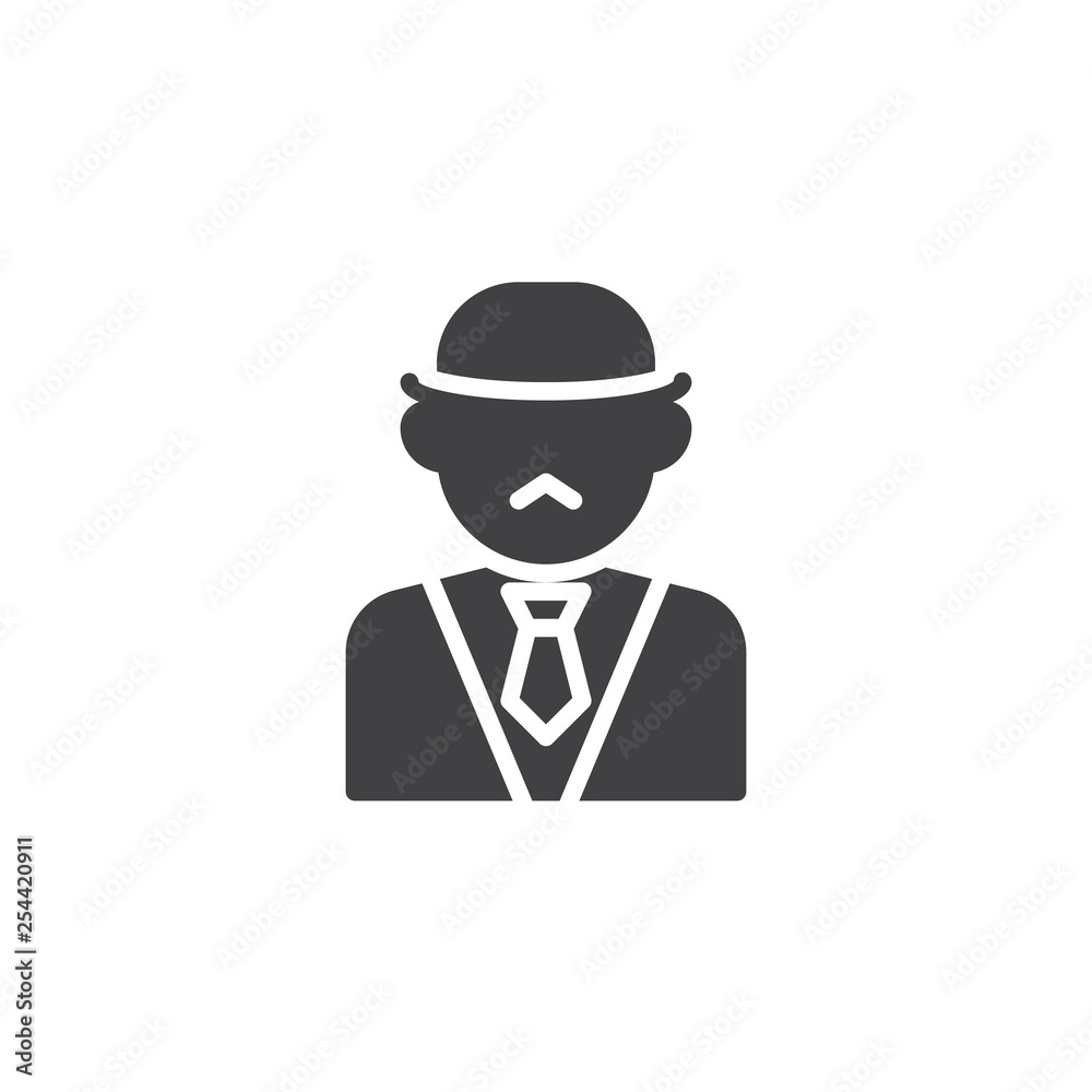 Detective man vector icon. filled flat sign for mobile concept and web design. Man with hat and necktie glyph icon. Faceless people avatar symbol, logo illustration. Pixel perfect vector 