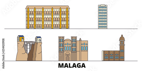 Spain, Malaga flat landmarks vector illustration. Spain, Malaga line city with famous travel sights, design skyline. 