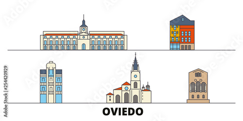 Spain, Oviedo flat landmarks vector illustration. Spain, Oviedo line city with famous travel sights, design skyline. 