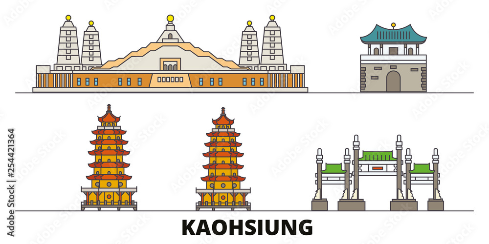 Taiwan, Kaohsiung flat landmarks vector illustration. Taiwan, Kaohsiung line city with famous travel sights, design skyline.