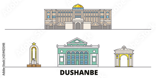 Tadjikistan, Dushanbe flat landmarks vector illustration. Tadjikistan, Dushanbe line city with famous travel sights, design skyline. 