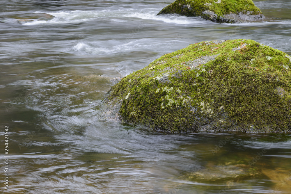 rock covered with moss on the river, blurred motion