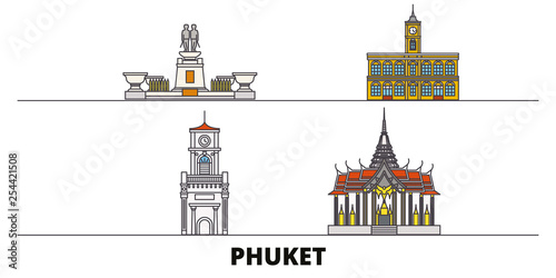 Thailand, Phuket flat landmarks vector illustration. Thailand, Phuket line city with famous travel sights, design skyline. 