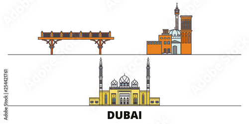 United Arab Emirates, Dubai flat landmarks vector illustration. United Arab Emirates, Dubai line city with famous travel sights, design skyline. 