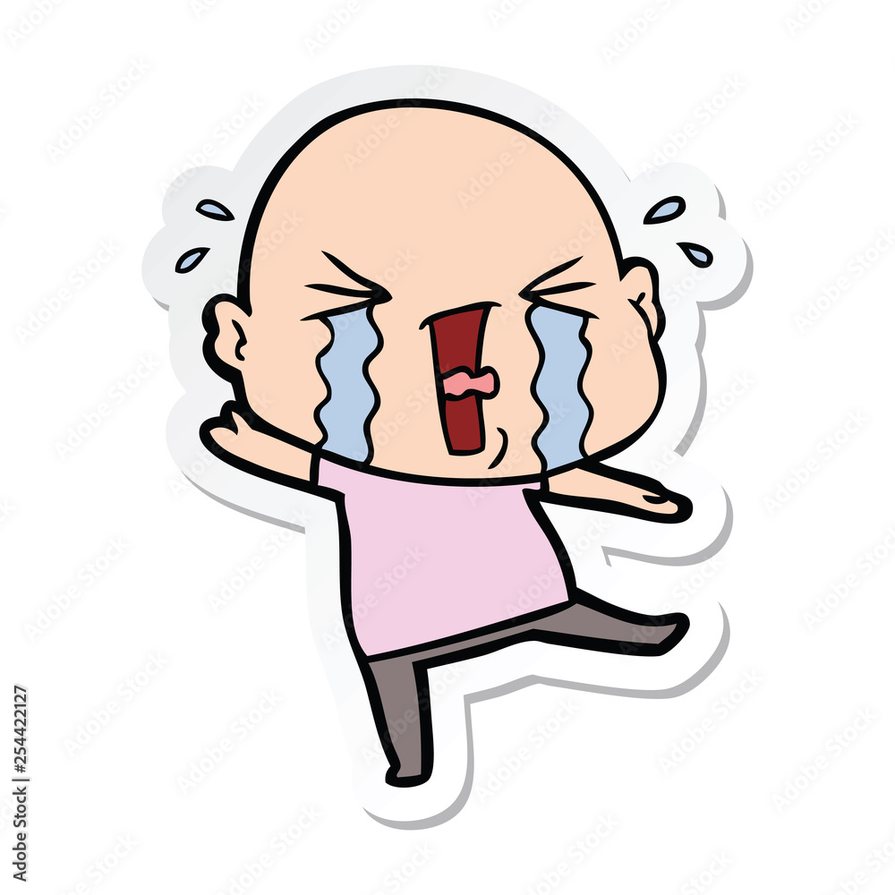 sticker of a cartoon crying bald man