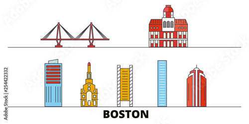 United States, Boston City flat landmarks vector illustration. United States, Boston City line city with famous travel sights, design skyline. 