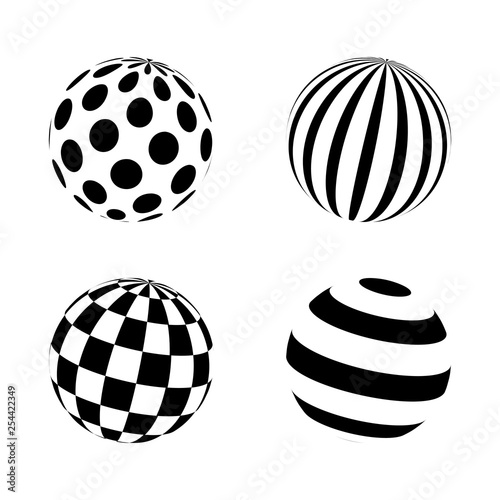 Set of minimalistic shapes. black and white spheres isolated. Vector spheres with dots, stripes, squares for web designs. Simple signs collection.