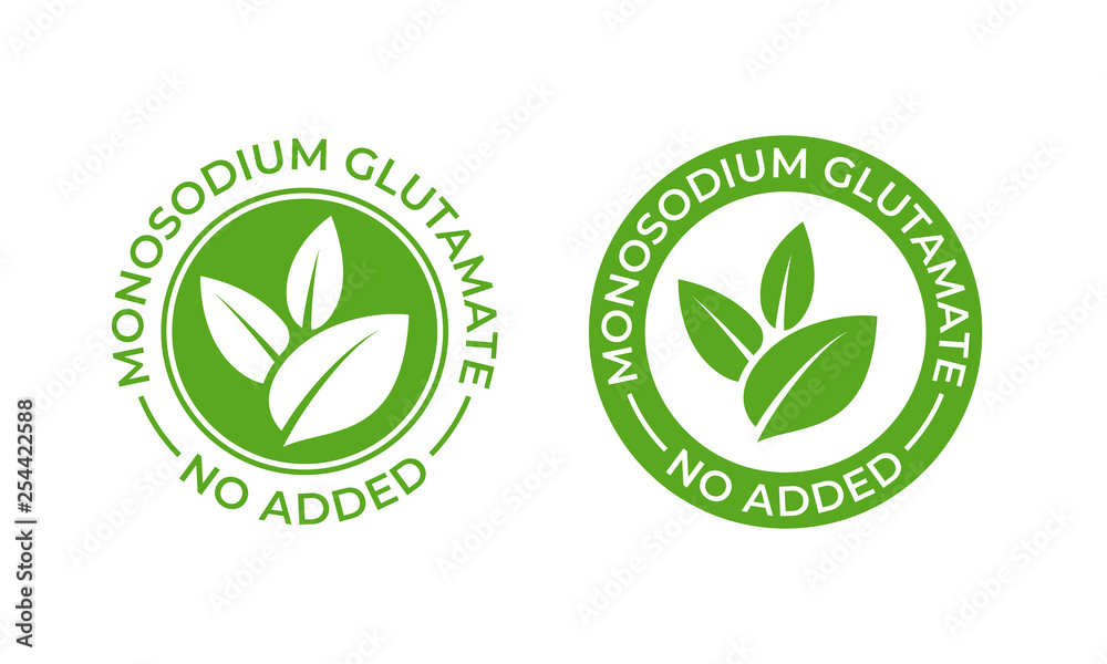 Glutamate no added food package icon. Contain no MSG monosodium glutamate vector seal stamp