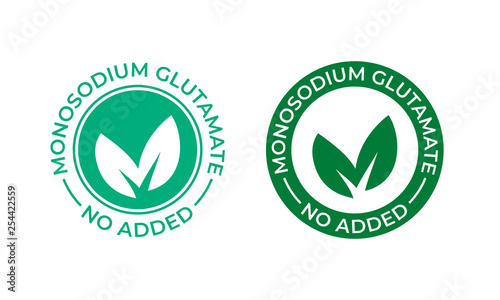 Glutamate no added vector icon. Contain no MSG monosodium glutamate food package seal, green leaf label