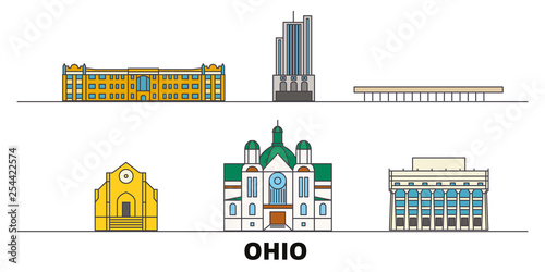 United States, Dayton flat landmarks vector illustration. United States, Dayton line city with famous travel sights, design skyline. 