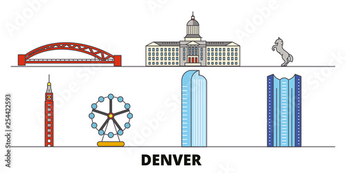 United States, Denver flat landmarks vector illustration. United States, Denver line city with famous travel sights, design skyline. 