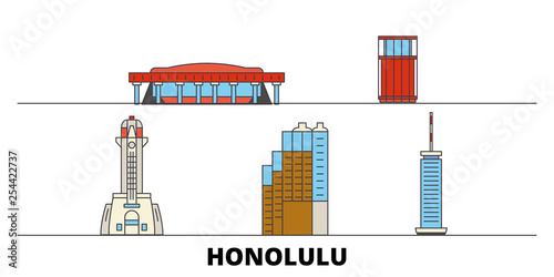 United States, Honolulu flat landmarks vector illustration. United States, Honolulu line city with famous travel sights, design skyline. 