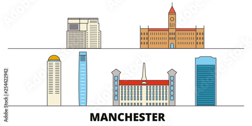 United States, Manchester flat landmarks vector illustration. United States, Manchester line city with famous travel sights, design skyline. 