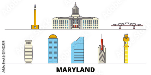United States, Maryland flat landmarks vector illustration. United States, Maryland line city with famous travel sights, design skyline. 